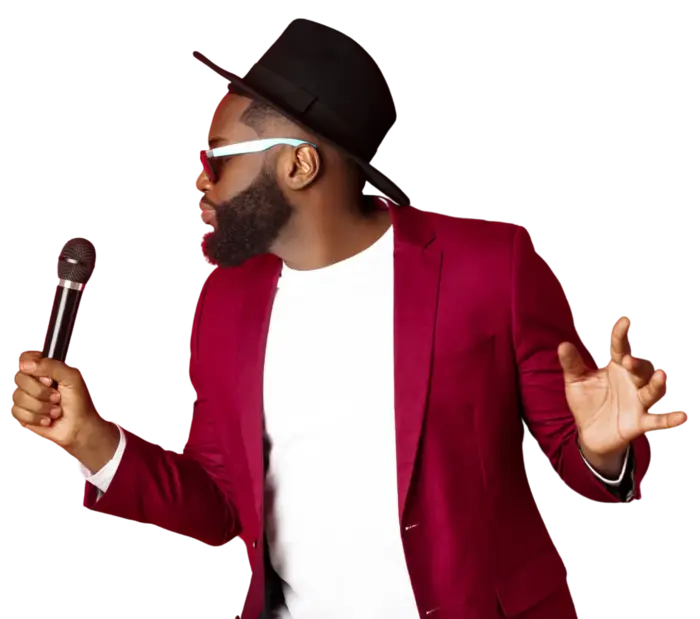 Professional African male singer performing in a recording studio